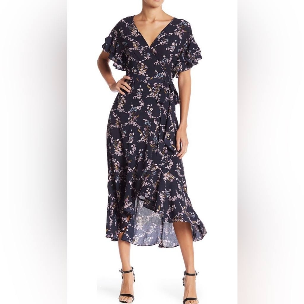 NWT Max Studio Ruffle Crepe High/LowWrap Midi Dress Dark Navy/Lavender …